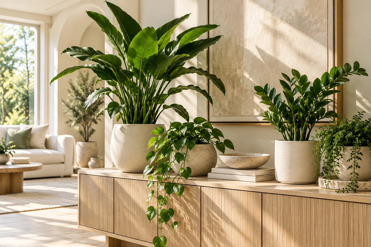 Plants in cream ceramic pots on a light wooden sideboard in a bright living room