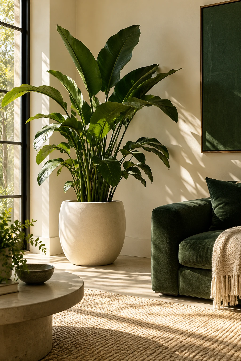Living room corner with a tall leafy plant in a cream planter beside a green sofa