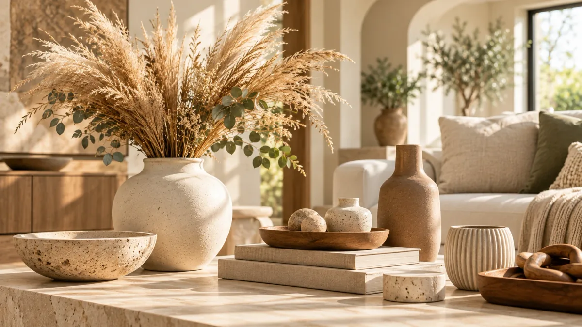 Coffee table with a cream vase of dried grasses, stone bowls, books and wooden accents