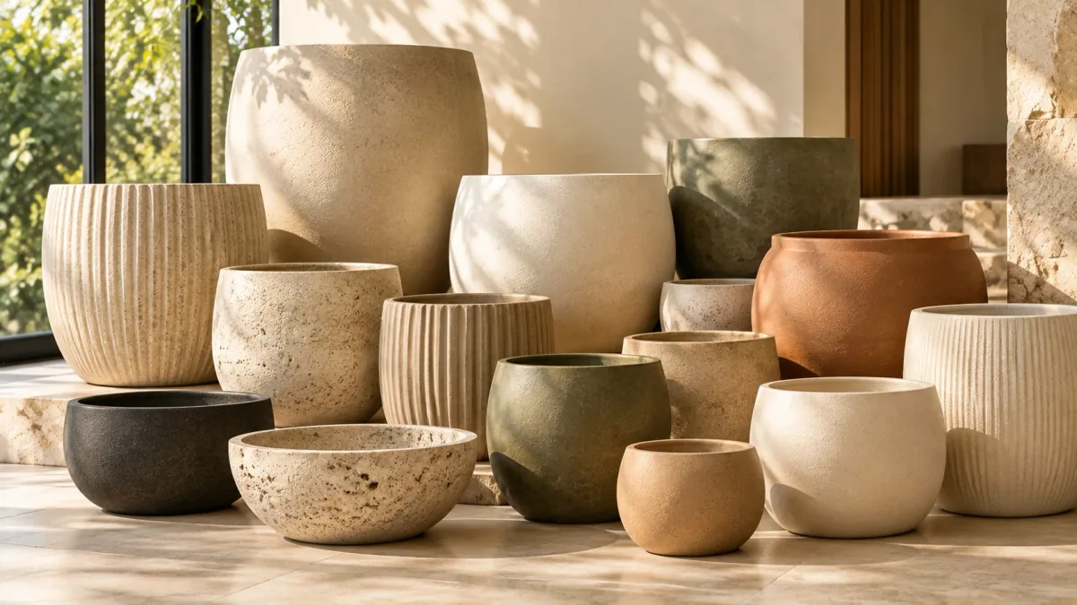 A group of textured planters in cream, sand, olive, black and terracotta tones