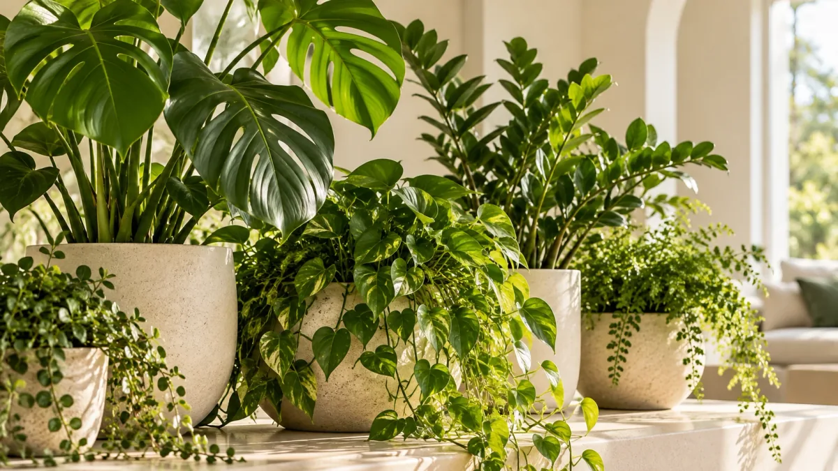 Leafy and trailing plants in cream stone planters on a sunlit ledge